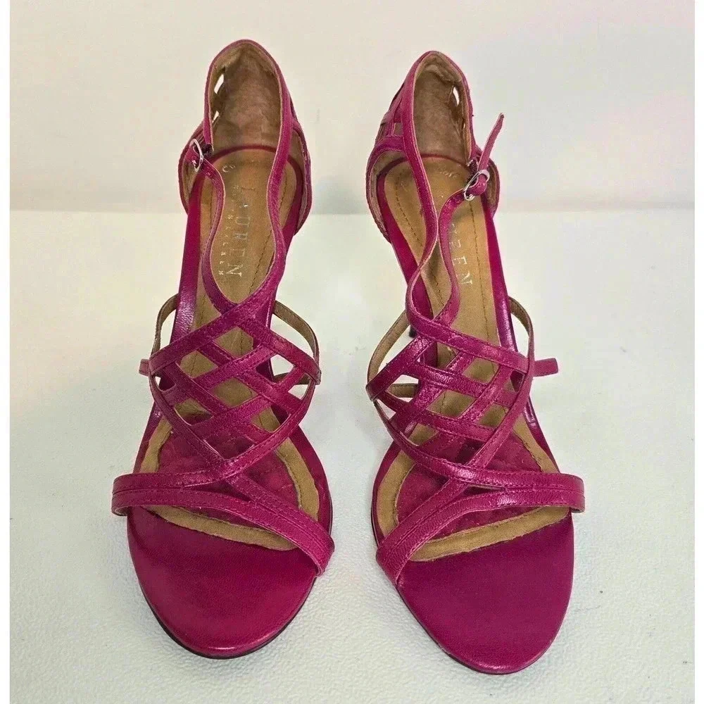 Lauren Ralph Lauren SYDNEY Leather Strappy Spike Heel Sandals HOT PINK Size 6.5 - Picture 2 of 9